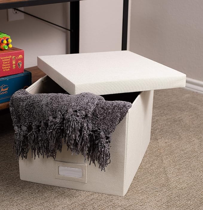 Internet's Best Collapsible File Storage Organizer Box with Lid - Decorative Linen Hanging Filing & Storage Office Box - Letter/Legal - Strong Durable - Toys Blankets Binders - Cream - 1 Pack