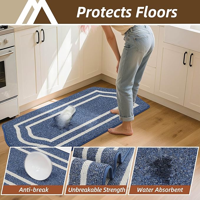 COSY HOMEER Long Kitchen Floor Mats for in Front of Sink Super Absorbent Kitchen Rugs and Mats 24"x48" Non-Skid Kitchen Mat Standing Mat Washable,Polypropylene,Blue,Frame