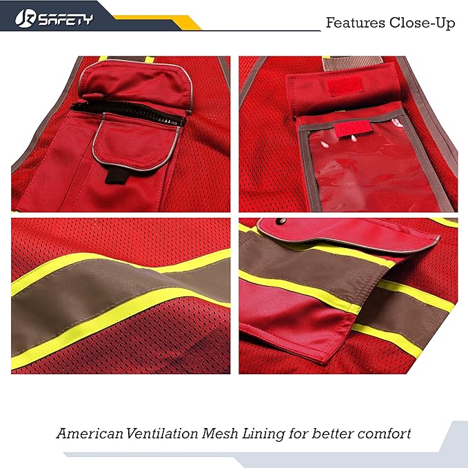 JKSafety 9 Pockets Hi-Vis Neon Red Zipper Front MESH Safety Vest with Fluorescent Yellow Extend Edge outlining the Reflective Tapes Meet ANSI/ISEA Class 2 Standard (100-Red, Medium)