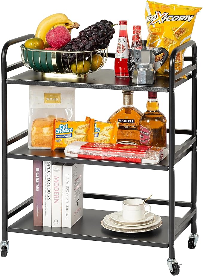 DCLRN 3 Tier Rolling Cart with Lockable Wheels Sturdy Construction,Solid Shelves,Recessed Screw Holes Ideal for Kitchen and Home Storage Size:23.6" Dx11.8 Wx29.5 H(Black)
