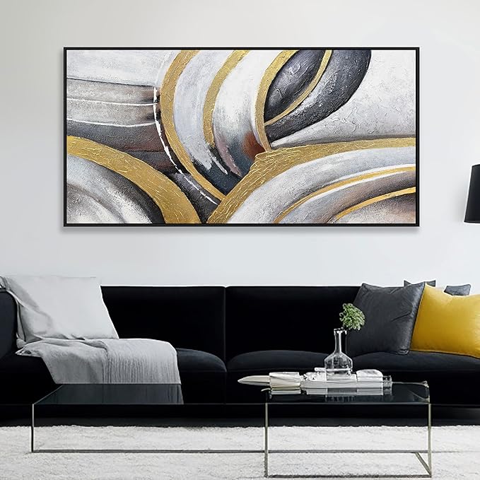 Framed Abstract Wall Art Black White and Gold Abstract Painting Canvas Wall Artwork Modern Home Wall Decor for Living Room Bedroom Office 24"x48"