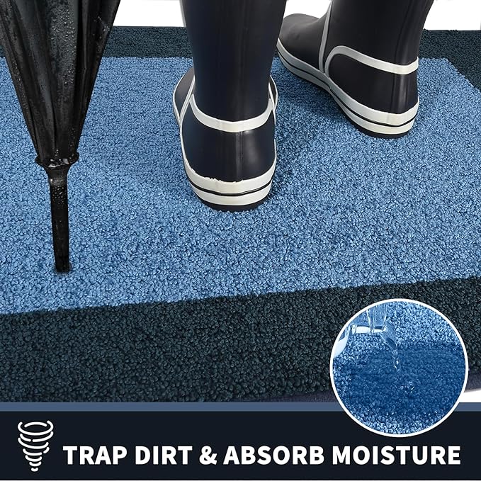 PURRUGS Dirt Trapping Door Mat 34" x 60", Non-Slip/Skid Machine Washable Entryway Rug, Shoes Scraper, Throw Rug, Super Absorbent Area Rug for Muddy Wet Shoes and Paws, Light Blue & Navy