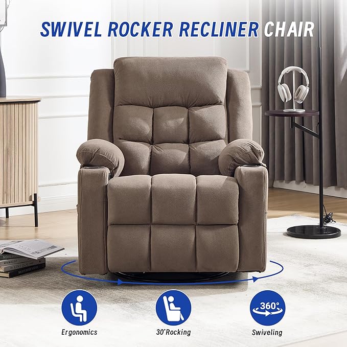 Swivel Recliner Chair for Adults with Massage and Heating,Manual Glider Rocking Recliner Chair with Cup Holds and Pockets,Reclining Rocker Chairs for Living Room Bedroom R8811 (Coffee)
