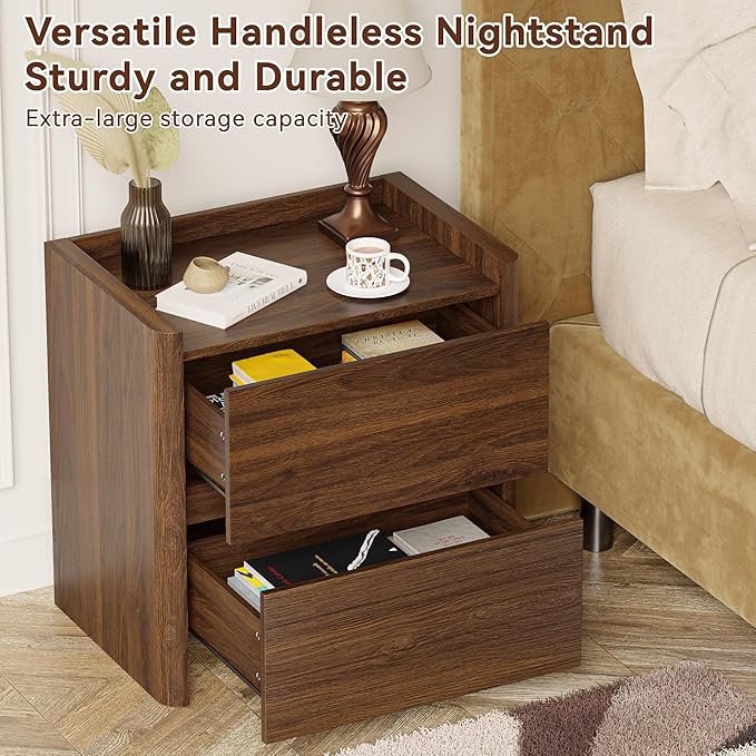 Nightstand with 2 Storage Drawer, Modern End Table for Bedroom with Cut-Out Handle, Large Night Stands for Bedroom, Home Office, Set of 2, Walnut