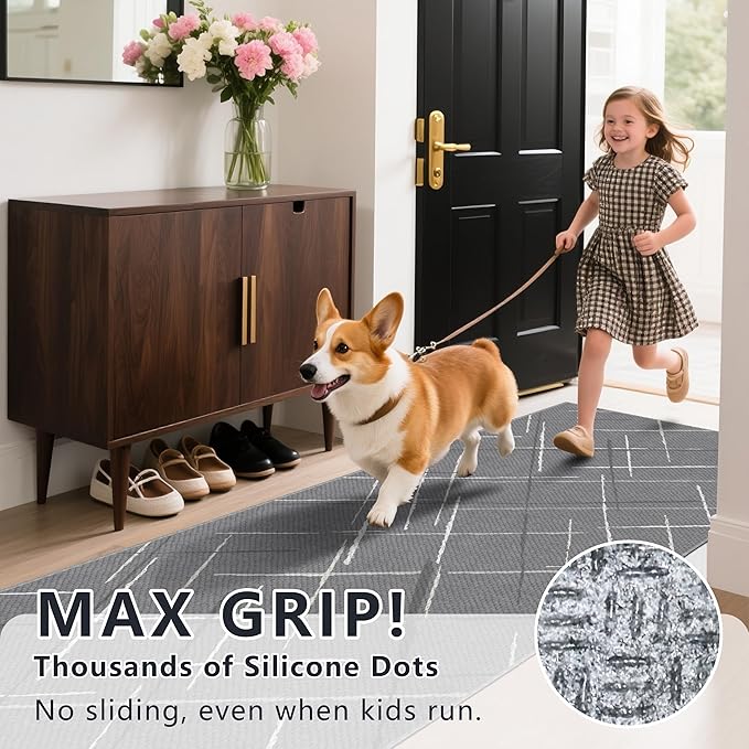 Gray Runner Rug Ultra Non-Slip 2x8 Washable Entryway Rug Modern Tear and Stain Resistance No Pile Hand-Woven Style Lightweight Runners for Hallways, Kitchen, Laundry Room, Bedside, Gray