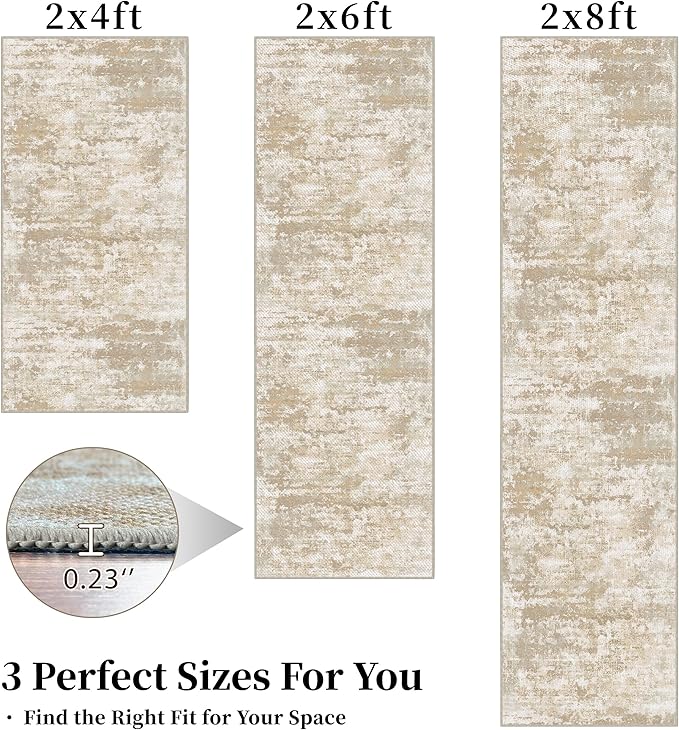Abstract Washable Runner Rug 2x6, Hallway Rug Non-Slip, Woven Non-Shedding Thin Runners for Entryway, Kitchen, Laundry Room, Beige&Yellow