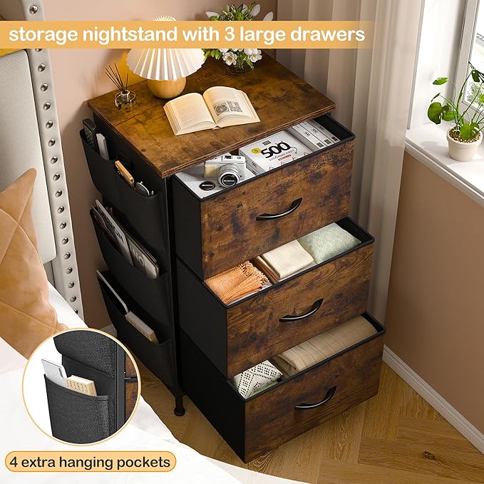 EnHomee Tall Nightstand,Night Stand with Drawers for Bedroom,Bedside Table with Wooden Top,Sturdy Steel Frame End Table,Dorm Small Nightstand for Bedroom,Entryway,Closet,Cloth Bags,Rustic Brown