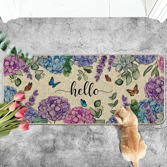 Welcome Spring Door Mat Hydrangea Flowers Floral Doormat Indoor Outdoor Entrance Outdoor Rug Low-Profile Floor Rug Non Slip Spring Summer Decor Rubber Mats for Home Decoration 17x36Inch