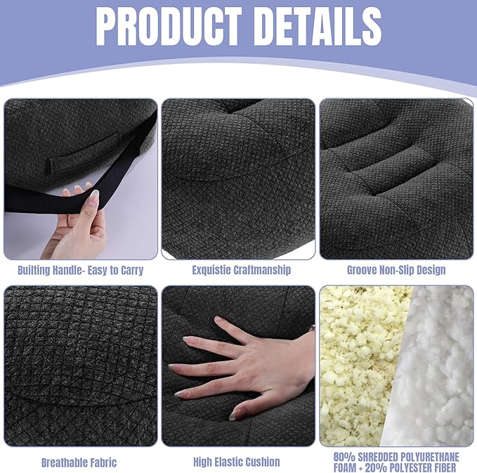 HOMBYS Extra Thick Chair Cushions for Office,6 in Breathable Adult Booster Seat for Car,Car Seat Cushion to Raise Seat Height,Shredded Memory Foam Desk Chair Cushion for Long Sitting,Black