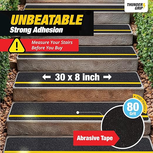 Reflective Grip Tape for Stairs 30" x 8" - 12-Pack Outdoor Stair Treads Non-Slip Weather Resistant - Anti Slip Tape for Exterior Wooden Steps - Waterproof 80-Grit Adhesive Treads