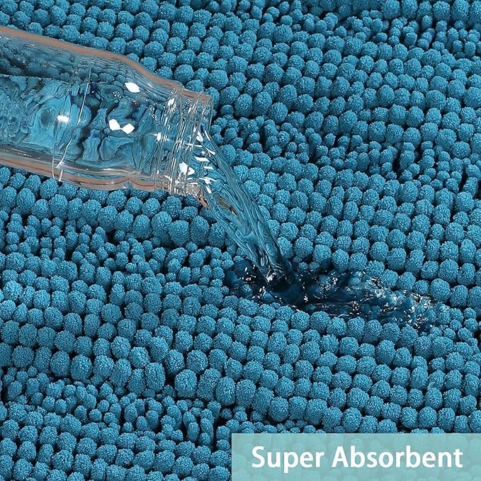 Turquoize Chenille Bath Rugs Shaggy Non Slip Blue Bath Rug, 24x36, Turquoise Blue