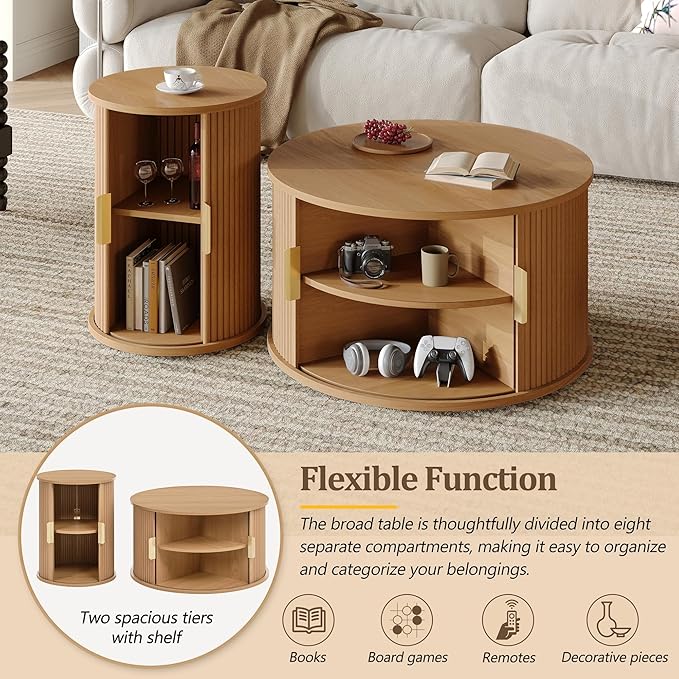 Merax Mid Century Coffee Table Set with Sliding Tambour Door, Round Coffee Table with Storage, Fluted Accent Center Tables for Living Room, Office, Small Space, Natural