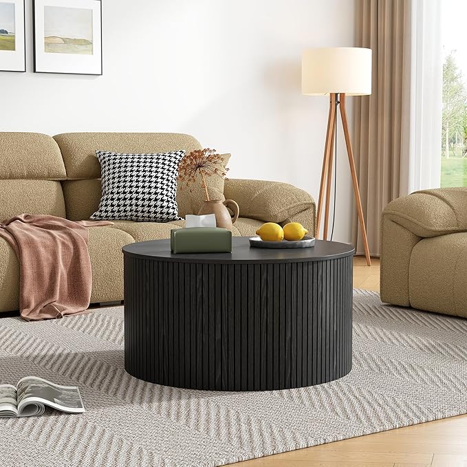 Round Fluted Lift Top Coffee Table, Mid Century Modern Center Table with Storage and Compartment, 2 Tier Small Circle Dining Table, for Living Room, Home Small Space, Black Oak