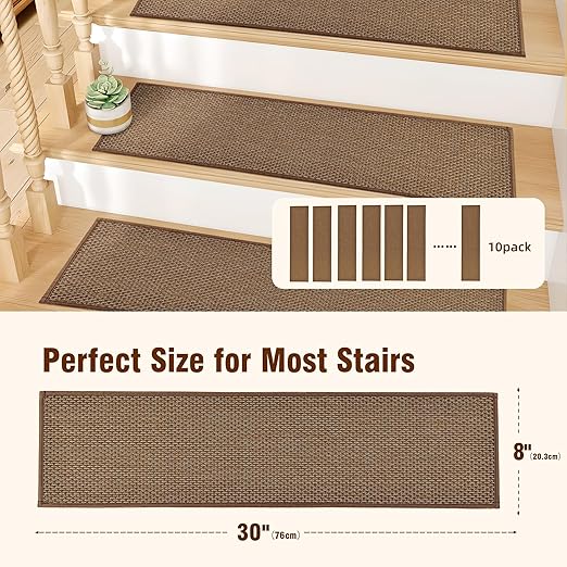 Deerly Linen Stair Treads Non Slip 10pcs Comfortable Stair Runner for Wooden Steps Peel and Stick Stairs Carpet Treads Indoor Staircase Covers Mat with Self-Adhesive Backing for Pets Kids 8"X30" Brown