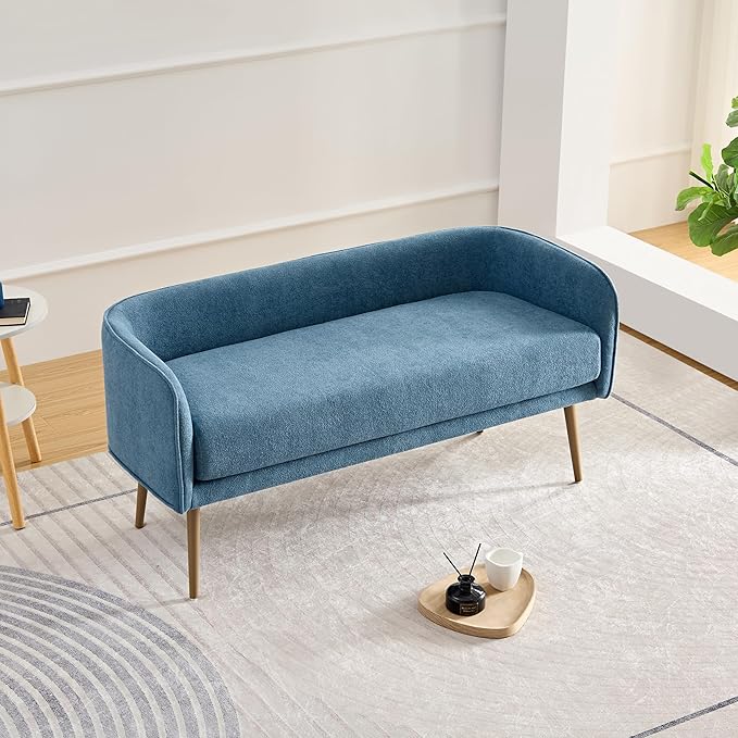Bedroom Bench with Back, Inside Metal Frame, Extra Seat for Living Room,Entryway Bench (Blue) …