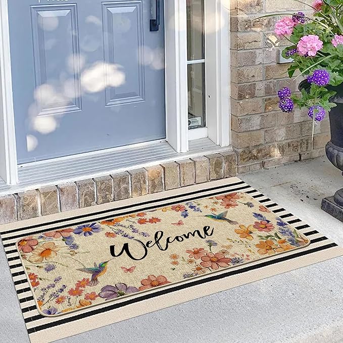 Wildflower Welcome Doormat 17"x36", Flower Spring Door Mat Indoor Entrance, Indoor Front Door mat, Non Slip Outdoor Entrance Mats, Low Profile Design Patio Porch Entryway Mats
