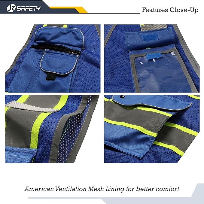 JKSafety 9 Pockets Hi-Vis Zipper Front MESH Neon Blue Safety Vest with Fluorescent Yellow Extended Trim outling the Reflective Tapes Meet ANSI/ISEA Standards (100-Mesh-Blue, 5X-Large)
