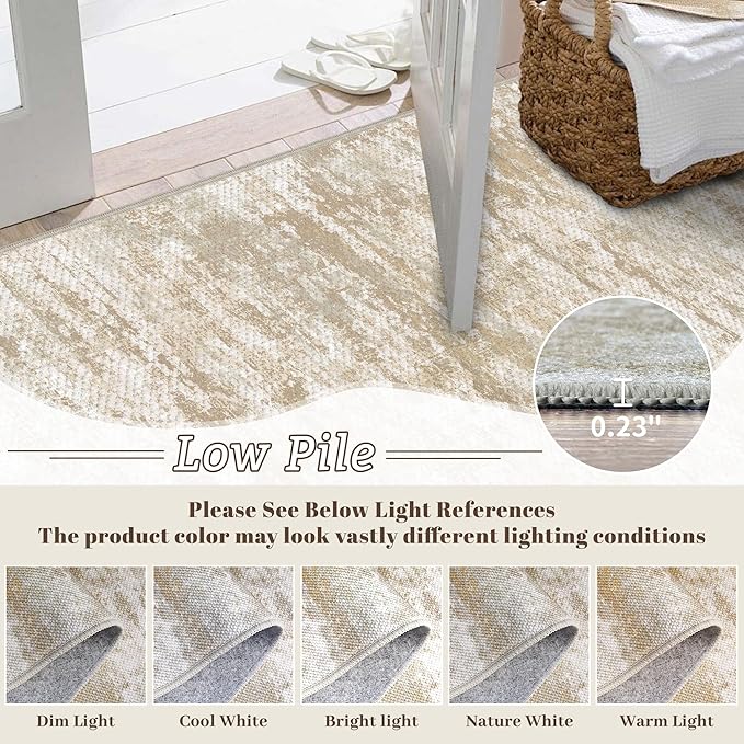 Runners for Hallways Non-Slip 2x4 Washable Kitchen Rug Abstract Tear and Stain Resistance No Pile Hand-Woven Style Lightweight Runners for Entryway, Laundry Room, Bedside, Beige/Yellow