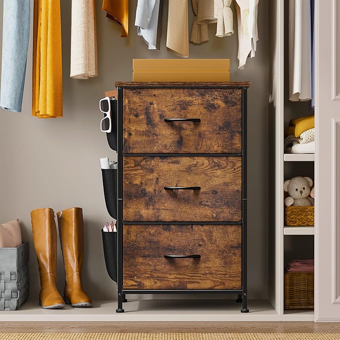 EnHomee Tall Nightstand,Night Stand with Drawers for Bedroom,Bedside Table with Wooden Top,Sturdy Steel Frame End Table,Dorm Small Nightstand for Bedroom,Entryway,Closet,Cloth Bags,Rustic Brown