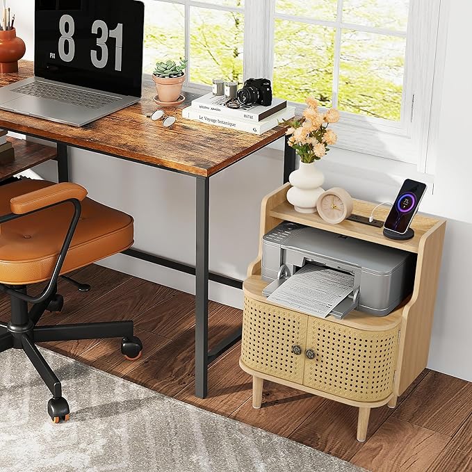 Metal Rattan End Table Set of 2 with Charging Station, Mid Century Modern Nightstand with 2 Doors, Bed Side Table with Storage for Couch,Living Room, Sofa Side Table for Office,Dorm - Natural