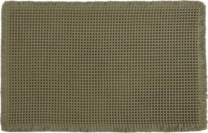 Hiasan Waffle Bath Mat, Super Absorbent Non Slip Bathroom Boho Rug with Tassels, Machine Washable Bath Mats for Bathroom, Ultra Soft Rubber Backed Rug, Grayish Green, 16 x 24 Inches