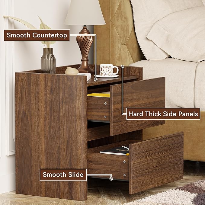 Nightstand with 2 Storage Drawer, Modern End Table for Bedroom with Cut-Out Handle, Large Night Stands for Bedroom, Home Office, Set of 2, Walnut