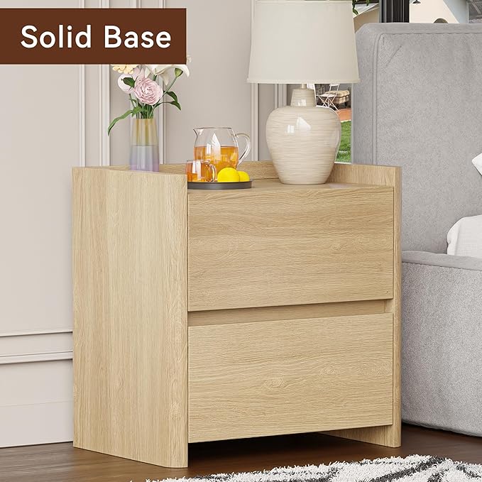 Nightstand with 2 Storage Drawer, Modern End Table for Bedroom with Cut-Out Handle, Large Night Stands for Bedroom, Home Office, Set of 1, Oak