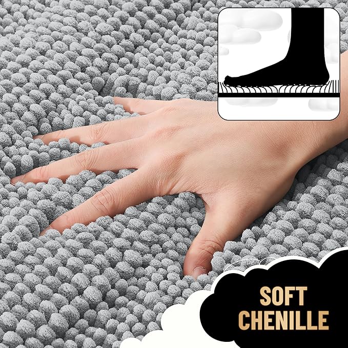 OLANLY Thick Bathroom Rugs 44x24, Extra Soft Absorbent Chenille Striped Bath Rugs, Rubber Backing, Machine Wash Dry, Bath Mats for Bathroom Floor, Tub and Shower, Home Decor Accessories, Light Grey