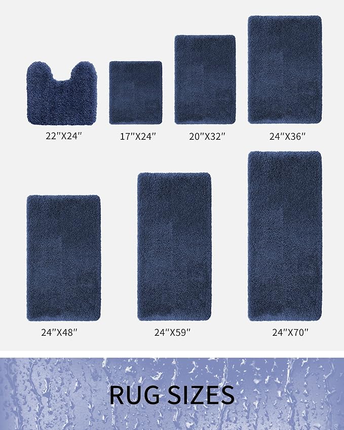 Bathroom Rugs 48x24, Ultra Thick Shaggy Soft Microfiber Absorbent Bath Rug, High Density Foam Latex Non Slip Backing, Machine Washable Bath Mats for Bathroom Floor & Sink, Navy Blue