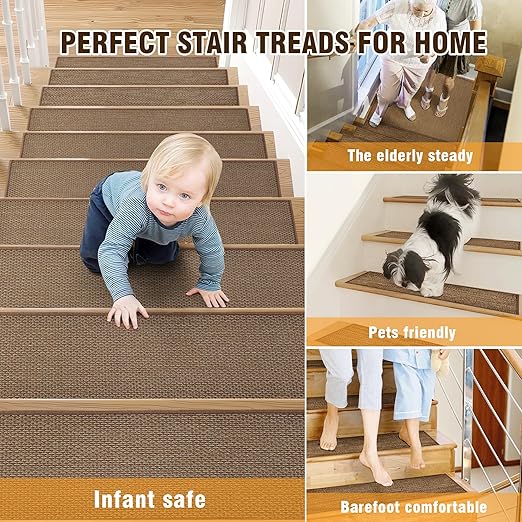 Deerly Linen Brown Stair Treads Non Slip 15pcs Stair Runner for Wooden Steps Peel and Stick Stairs Carpet Treads Indoor Staircase Covers Mat with Self-Adhesive Backing for Pets and Kids 8"X30" Brown