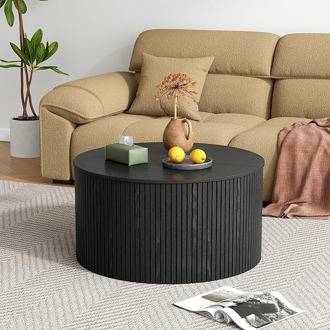 Round Fluted Lift Top Coffee Table, Mid Century Modern Center Table with Storage and Compartment, 2 Tier Small Circle Dining Table, for Living Room, Home Small Space, Black Oak