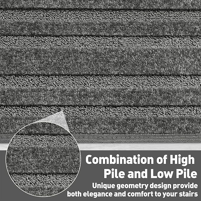 PURE ERA Bullnose Carpet Stair Treads Set Tape Free Non-Slip Indoor Stair Protectors Pet Friendly Rugs 9.5" x 30"(7 Pieces,Grey Rectangular)