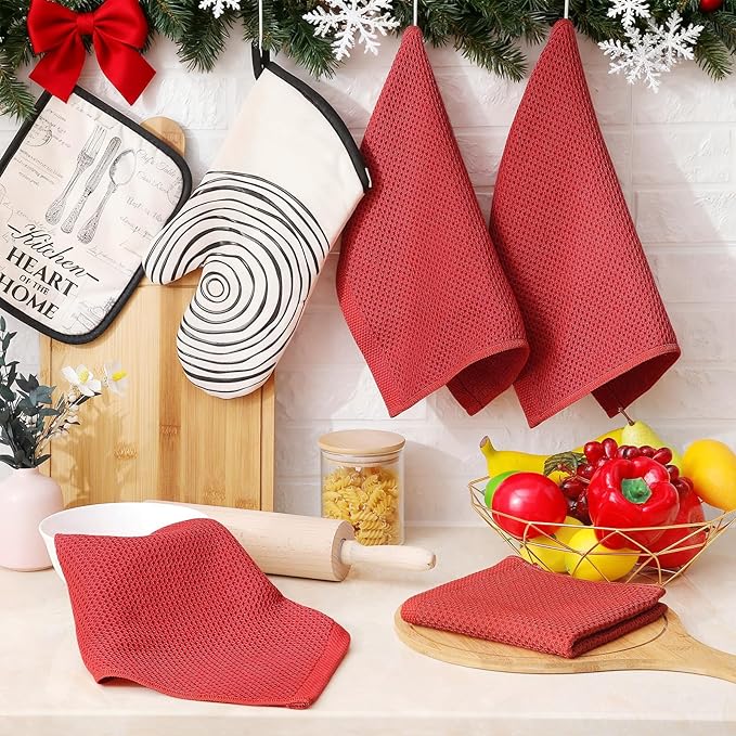 Homaxy 100% Cotton Waffle Weave Kitchen Dish Cloths, Ultra Soft Absorbent Quick Drying Dish Towels, 12 x 12 Inches, 8-Pack, Brick Red
