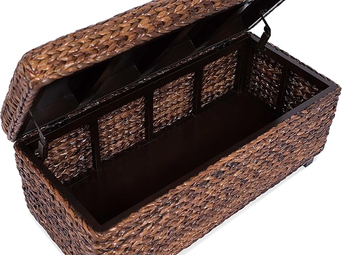 BIRDROCK HOME Abaca Storage Bench – Hand-Woven Wicker Entryway Bench w/Lift-Top Hidden Storage, Solid Wood Frame - 36.25” x 16” x 18”