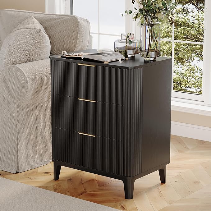 23.6" Mid Century Modern Night Stand with 3 Drawers, Large 3 Drawers Bedside Table with Quiet Drawers & Metal Handles, Fluted 3-Drawer Dresser Rustic Wood 3 Drawer Storage End Table Bedroom Black