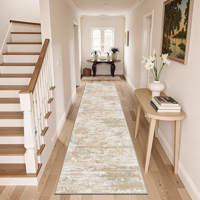 Runners for Hallways Non-Slip 2x10 Long Runner Rugs Washable Abstract Tear and Stain Resistance No Pile Lightweight Modern Rug Runners for Entryway, Kitchen, Walkway, Entrance, Beige/Yellow