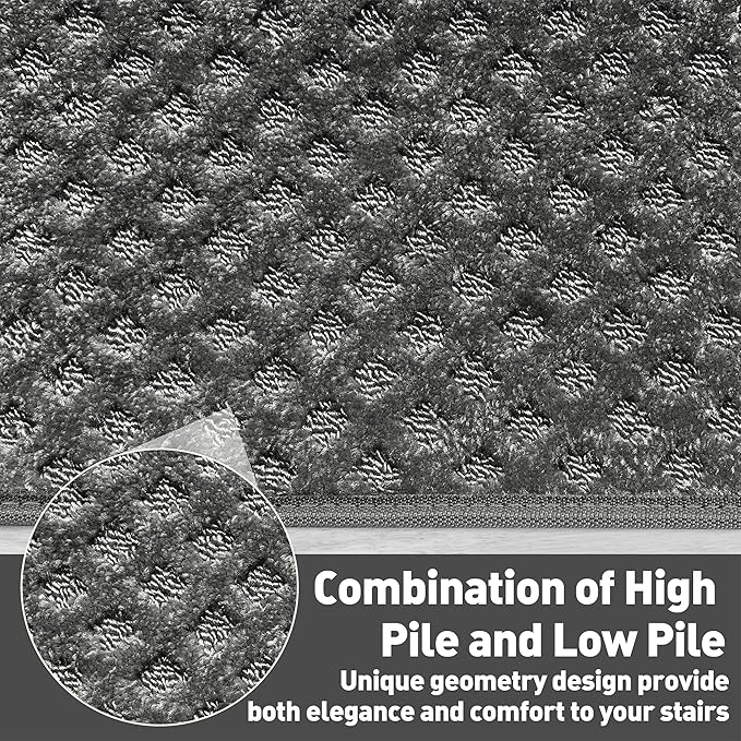 PURE ERA Bullnose Carpet Stair Treads Set Tape Free Non-Slip Indoor Stair Protectors Pet Friendly Rugs9.5" x 30"(7 Pieces,Grey Mini-Diamond Trellis)