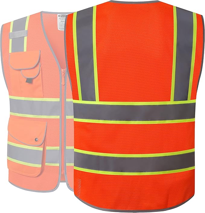 JKSafety 9 Pockets Hi-Vis Reflective Safety Vest | Mesh Fabric | Fluorescent Orange Color with Neon Yellow Extended Trims | ANSI/ISEA Compliance (100-Orange, XL)
