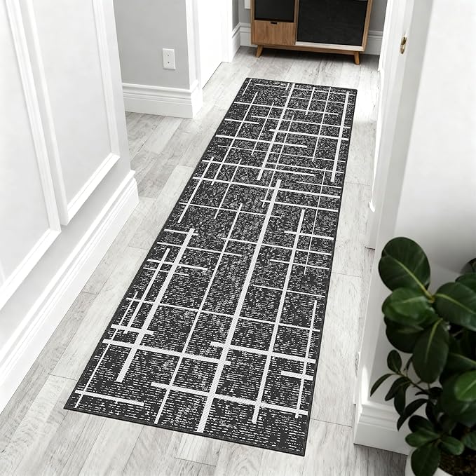 Washable Runner Rug 2x6, Gray Modern Distressed Stripe, Kitchen Runner Rug Non Slip, Woven Thin No Shed Runners for Entryway, Kitchen, Laundry Room- Gray