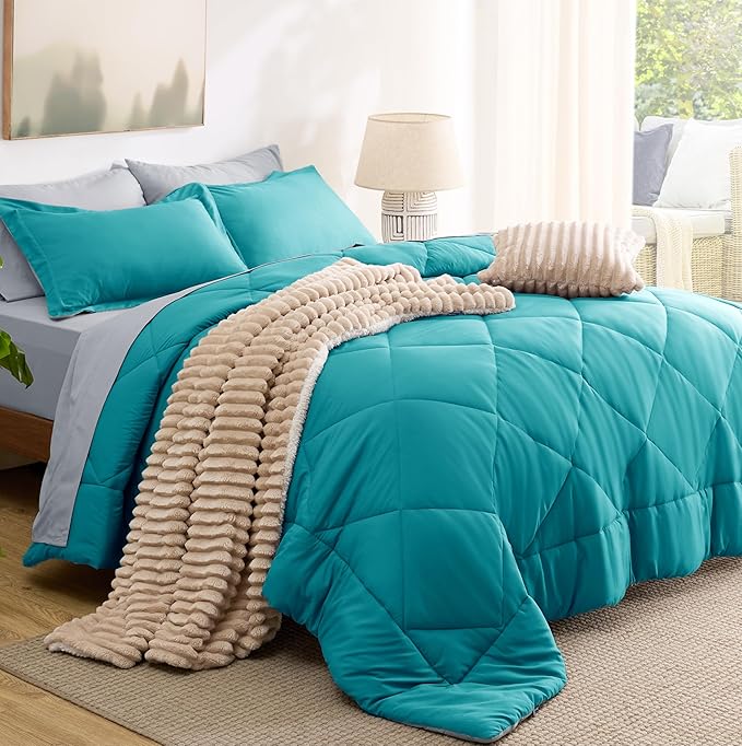 Bedsure Queen Comforter Set - 7 Pieces Reversible Teal Bedding, Queen Size Bed Set for All Seasons, Bed in a Bag with Down Alternative Comforter, Sheets, Pillowcases & Shams