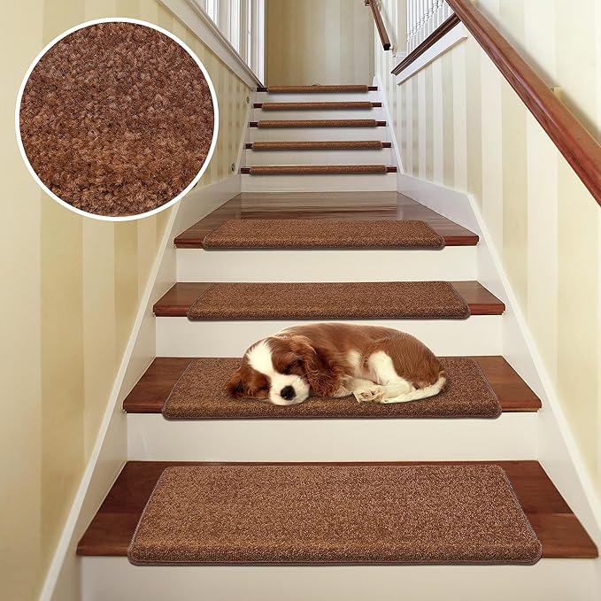 PURE ERA Bullnose Carpet Stair Treads Set Tape Free Non-Slip Indoor Stair Protectors Pet Friendly Rugs Covers Soft Skid Resistant Washable Reusable 9.5" x 30"(14 Pieces,Brown)