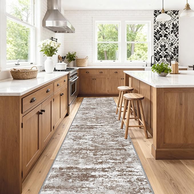 Kitchen Rugs Ultra Non-Slip 2.6x12 Washable Runner Rug Abstract Tear and Stain Resistance No Pile Lightweight Runners for Entryway, Hallway, Walkway, Bedside, Entrance, Brown