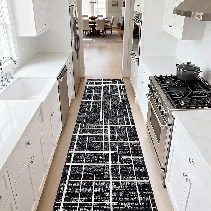 Modern Stripe Hallway Runner Rug Non Slip, Washable 2x10 Runner Rug, Woven Thin Low Pile Carpet Runners for Hallway 10ft Entryway, Kitchen, Walkway -Midnight Black