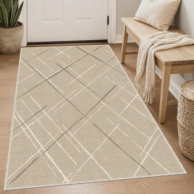 3x5 Area Rug Washable Entryway Rug Non Slip Modern Tear and Stain Resistance No Pile Lightweight Throw Rugs Carpet for Kitchen, Entrance, Foyer, Bedside, Mudroom, Beige