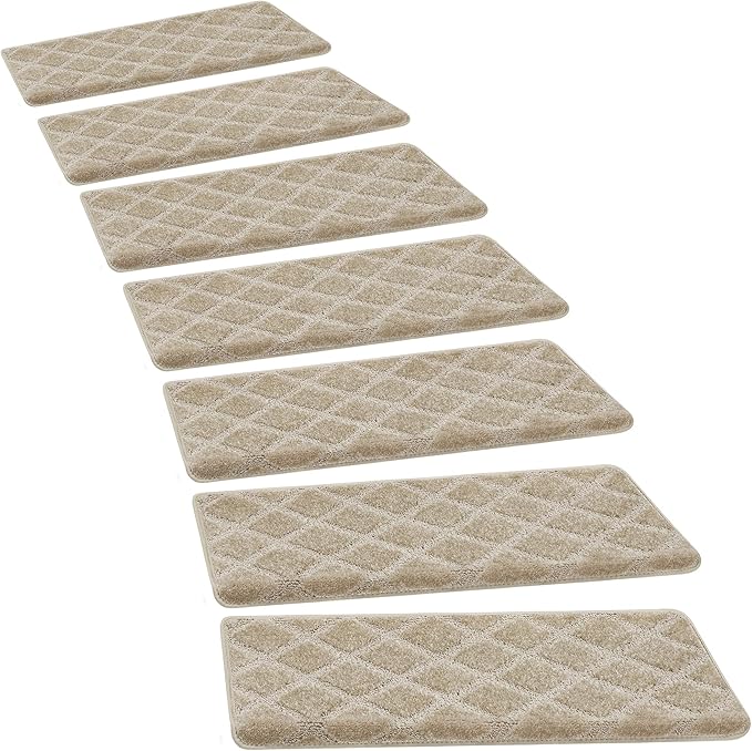 PURE ERA Bullnose Carpet Stair Treads Tape Free Non-Slip Indoor Stair Protectors Pet Friendly Stair Treads for Wooden Steps 9.5" x 30"(14 Pieces, Cream Gray Diamond Trellis)