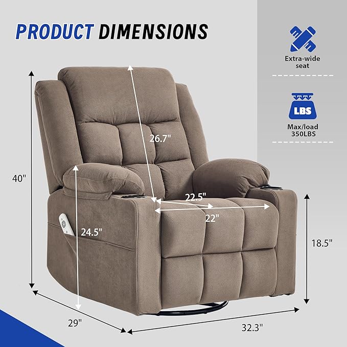 Swivel Recliner Chair for Adults with Massage and Heating,Manual Glider Rocking Recliner Chair with Cup Holds and Pockets,Reclining Rocker Chairs for Living Room Bedroom R8811 (Coffee)