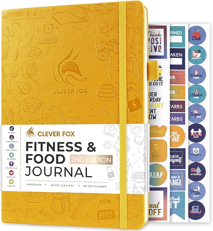 Clever Fox Fitness & Food Journal – Nutrition & Workout Planner for Women & Men – Diet & Gym Exercise Log Book with Calendars, Diet & Training Trackers - Undated, A5 Size, Hardcover (Amber Yellow)