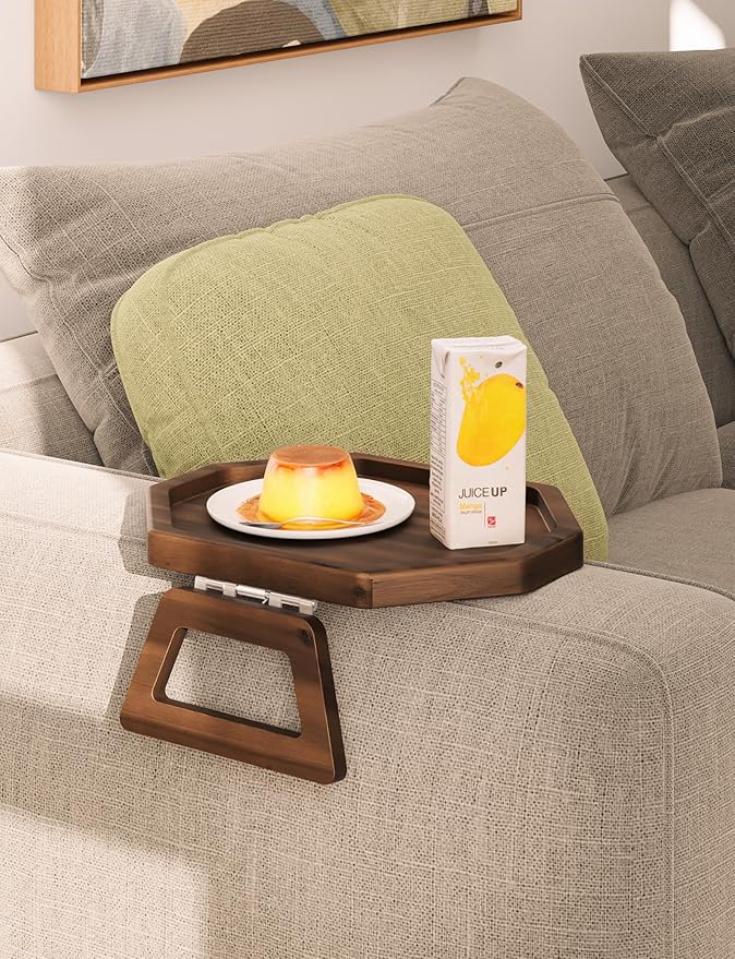 Tinamo Octagonal Acacia Sofa Arm Tray, Couch Armrest Table with Folding Arms - Couch Accessories, Armchair Caddy, Clip on Tray for Home Sofa Living Room with Adjustable Arm Hinges (Walnut Color)