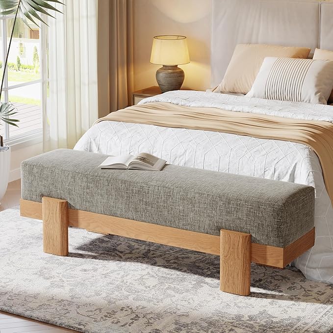 Tribesigns 55-Inch Upholstered Entryway Bench, Modern Shoe Bench with Fabric Padded Seat and MDF Frame, End of Bed Stool for Bedroom, Entrance, Living Room (Gray & Oak)
