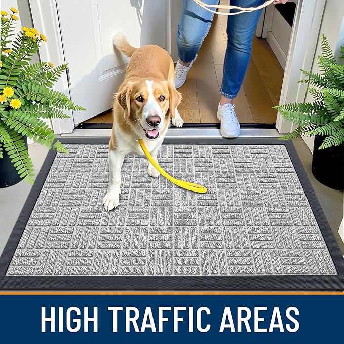 OLANLY Front Door Mat Outside Entrance 29.5x17, Absorbent, Heavy Duty Sturdy Natural Rubber Doormat Indoor Outdoor, Non-Slip, Stain and Fade Resistant, Low Profile Floor Mat for Entryway, Light Gray